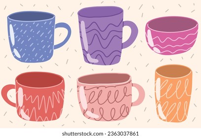 Cartoon colorful cups. Vintage teacup, coffee cup and kitchen mug