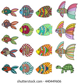 Cartoon colorful cute fish set isolated on background. Hand drawn thin line tropical aquarium fish and turtle icon collection. Vector illustration. 
