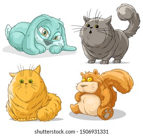 Cartoon colorful cute funny little pet animals. Big cats and squirrel. Sleeping bunny rabbit. Isolated on white background. Vector icon set.
