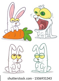 Cartoon colorful cute funny little bunny rabbits. Holding orange carrot. Screaming with big eyes. Isolated on white background. Vector icon set.