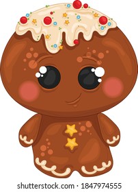 Cartoon colorful cute gingerbread man with sprinkles template. Christmas vector illustration of bright cookie for games, background, pattern, decor. Print for fabrics and other surfaces.