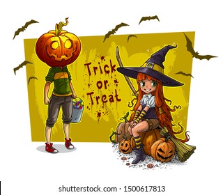 Cartoon colorful cute little redhead smiling witch in big hat with broom and funny halloween smiling pumpkin head characters with basket of sweets. On background with bats. Vector postcard icon.
