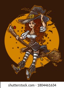 Cartoon colorful cute redhead smiling witch in big hat flying on wooden broom. On full moon background with bats. Happy Halloween postcard. Vector icon.