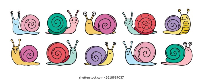 cartoon colorful cute snail icon doodle hand drawn set. Outline funny snail character with smile line drawing clipart symbol collection. Vector illustration