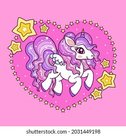Cartoon colorful cute unicorn and stars on a pink background. For children's, girly design of prints, posters, stickers, banners, cards, stickers, etc. Vector