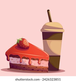 Cartoon colorful delicious piece of strawberry cake and disposable coffee in a paper cup.