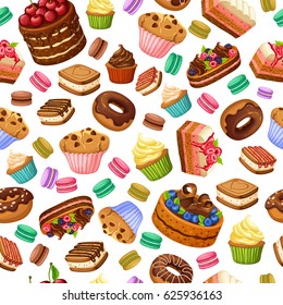 Cartoon colorful desserts seamless pattern with sweet products cakes cupcakes cookies macaroons donuts and berries vector illustration