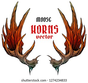 Cartoon colorful detailed big moose horns or antlers. Hunting trophy. Isolated on white background. Vector icon.