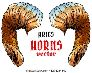 Cartoon colorful detailed big sharp ram horns or antlers. Hunting trophy. Isolated on white background. Vector icon.