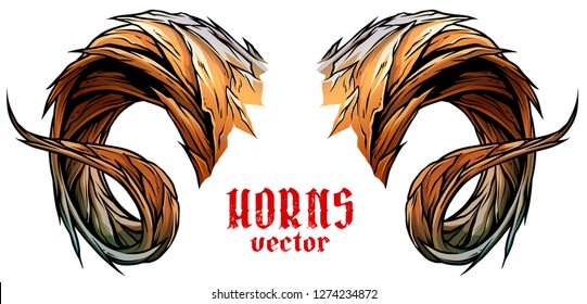 Cartoon colorful detailed big sharp ram or goat horns or antlers. Hunting trophy. Isolated on white background. Vector icon.