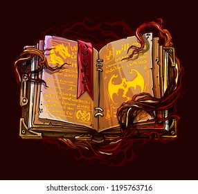 Cartoon Colorful Detailed Old Open Magic Spell Books With Dragons, Strange Symbols And Bookmark. On Background With Tree Roots. Vector Icon.