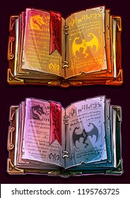 Cartoon colorful detailed old open magic spell books with dragons, strange symbols and bookmark. Isolated on dark background. Vector icon set.