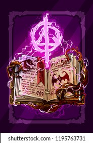 Cartoon colorful detailed old open magic spell books with dragons, strange violet lightning symbols and bookmark. On background with tree roots. Vector icon.