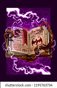 Cartoon colorful detailed old open magic spell books with dragons, strange symbols and bookmark. On background with lightning and tree roots. Vector icon.