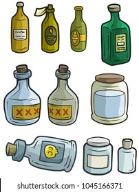 Cartoon colorful different glass bottles with paper labels. Isolated on white background. Vector icon set.
