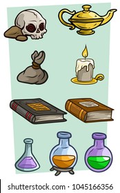 Cartoon colorful different magic or witches stuff. Skull and lamp. Books and flask. Vector icon set for game.