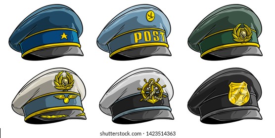 Cartoon colorful different peaked caps with cockade. Officer and postman. Policeman, pilot and sailor. Isolated on white background. Vector icon set.