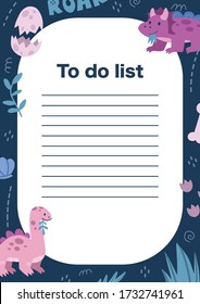 Cartoon colorful to do list template with place for text vector flat illustration. Doodle tasks lists for planning and control decorated by creative scribble and dinosaurs creatures. Organizer blank