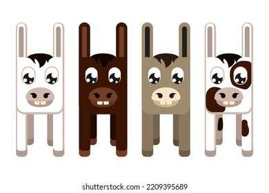 Cartoon colorful donkey set on white background Domestic transport animal collection. Farm themed vector illustration for icon, stamp, label, badge, sticker or gift card