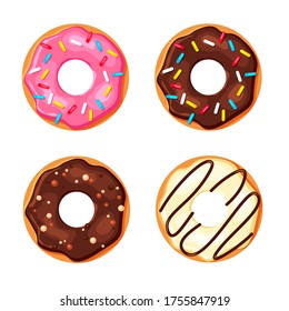 Cartoon colorful donut set isolated on white background. Top view sweet sugar doughnuts. Vector illustration in a trendy flat style.