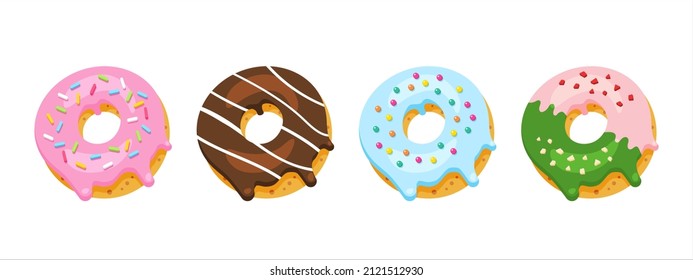 Cartoon colorful donuts collection isolated in white background.