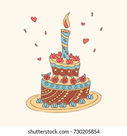 Cartoon colorful doodle cake tier with roses, candle and hearts isolated  on the white background. Festive invitation card for birthday, wedding or Valentine day. eps10.
