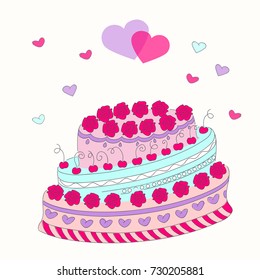 Cartoon colorful doodle cake tier with roses and hearts  isolated  on the white background. Festive invitation card for birthday, wedding or Valentine day. eps10.

