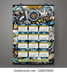 Cartoon colorful doodles Diving calendar template. Very detailed illustration. Funny vector artwork.