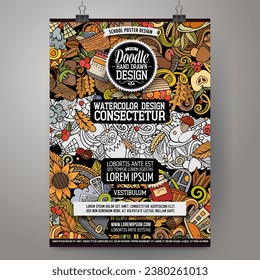 Cartoon colorful doodles Happy Thanksgiving poster template. Very detailed, with lots of objects illustration. Funny vector artwork