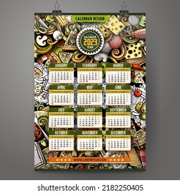 Cartoon colorful doodles Pizza 2023 year calendar template. English, Sunday start. Very detailed, with lots of objects illustration. Funny vector artwork.