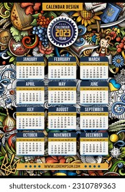 Cartoon colorful doodles Ukraine 2023 year calendar template. English, Sunday start. Very detailed, with lots of objects illustration. Funny vector artwork.