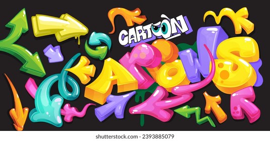 Cartoon colorful dynamic arrows set. Kids illustration elements 