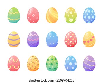 Cartoon colorful easter painted eggs with patterns and textures. Spring holiday decorative elements. Happy Easter day egg hunt vector set. Traditional ornament for religious symbols