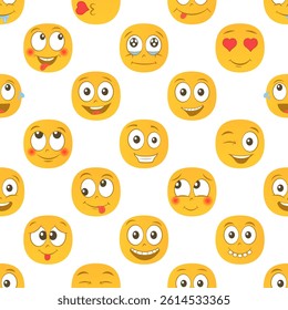 Cartoon colorful emoji seamless pattern design. Background with happy faces smiling, laughing and in love.
