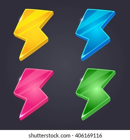 Cartoon colorful energy, lightning icon for the game, vector.Lightning Bolts Set. 