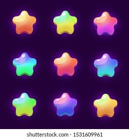 Cartoon colorful fantastic stars on dark background, vector shiny icons. Fantastic Space colors stars.Gradient modern stars.