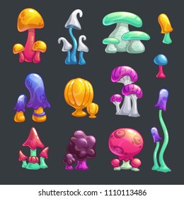 Cartoon colorful fantasy glossy mushrooms set. Vector amanitas icons bundle. Decorative nature elements collection.