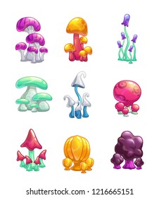 Cartoon colorful fantasy glossy mushrooms set. Vector magic unusual nature elements, isolated icons on white.