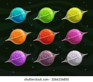 	
Cartoon colorful fantasy planets set. Space objects for game design. Vector cosmic illustration.