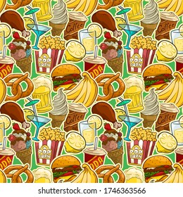 Cartoon colorful fast food and drinks stickers. Pop art. Burger and soda. Beer and coffee. Ice cream and popcorn. On green background. Vector seamless pattern.