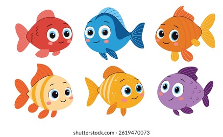 Cartoon colorful fish collection on white backdrop. Vector illustration design. Funny vector character.