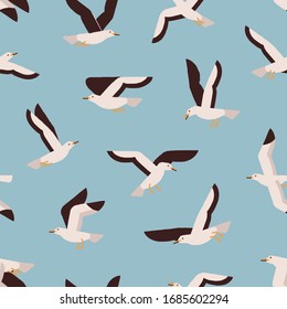 Cartoon colorful flight marine bird seamless pattern. Atlantic seabird creature enjoying freedom on blue background. Flying seagull vector flat illustration. Polar north natural wildlife