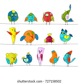 Cartoon colorful flock of birds sitting on wires. Color illustration.
