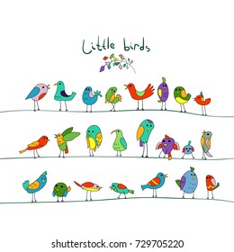 Cartoon colorful flock of little birds sitting on wires. Color illustration.