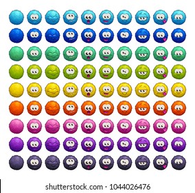 Cartoon colorful fluffy balls characters. Vector furry emoji stickers set. Isolated icons on the white background.