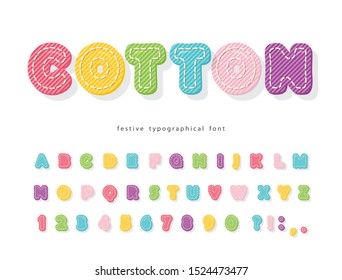 Cartoon colorful font for kids. Cotton texture alphabet. Cute decorative 3d ABC letters and numbers. Vector illustration