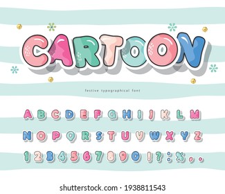 Cartoon colorful font for kids. Creative paint ABC letters and numbers. Bright glossy alphabet. Paper cut out. For posters, banners, birthday cards. Vector illustration