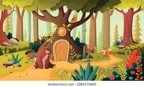 Cartoon colorful forest with cute animals around a tree house. Bear, fox and owl in green park. Nature landscape.
