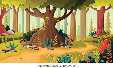 Cartoon colorful forest. Green park. Nature landscape.
