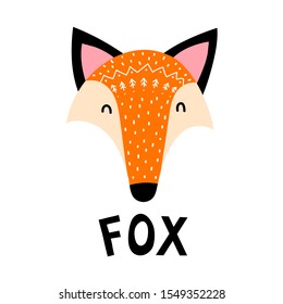 Cartoon colorful fox with lettering in the Scandinavian flat style. vector illustration. Hand drawing for children. baby design for cards, posters, t-shirt print.